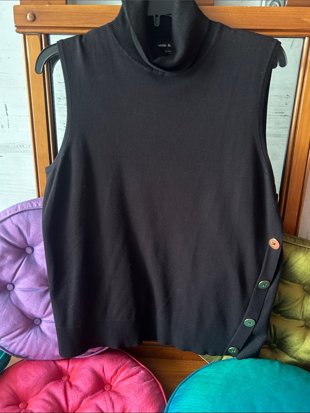 Cable & Gauge Black Sleeveless Turtleneck Tank with Side Buttons